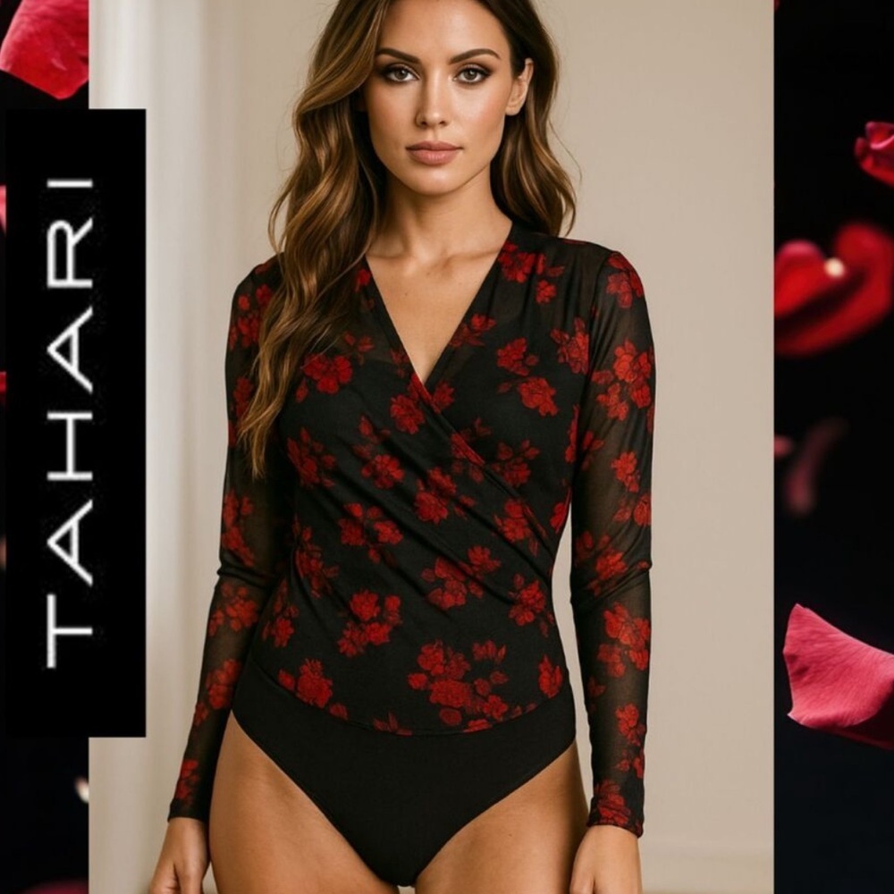 Tahari Floral Mesh Bodysuit Sheer Wrap Front Top Romantic Night Out Size Medium